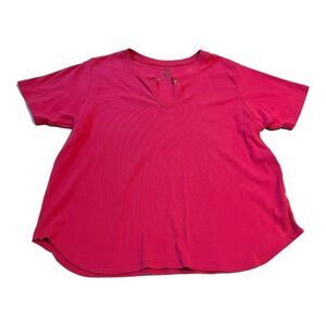 M&E Womens Plus Size Shirt 1X Pink Short Sleeve Vented V Neck Classic Fit Cotton